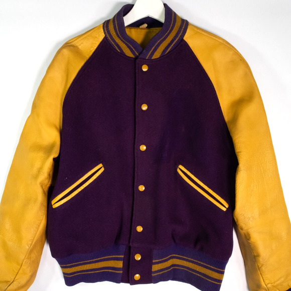 VTG 1960s Butwin Purple Gold Leather & Wool Letterman Jacket 42 - Picture 3 of 16